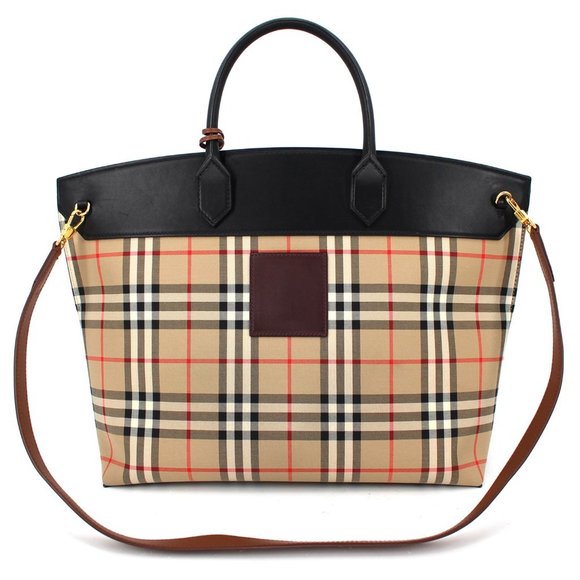 Burberry Society Check Leather Canvas Tote Large Hand Bag Nova Check Patchwork - Picture 5 of 12